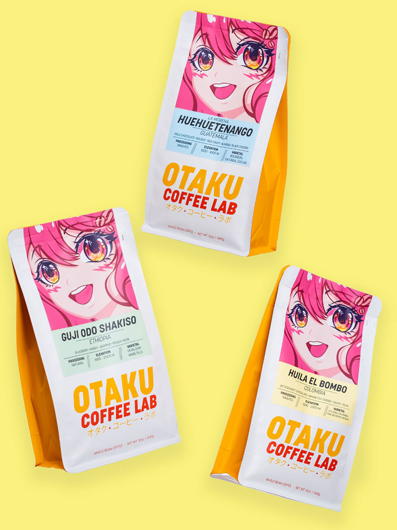 Multiple Otaku Coffee Lab coffee bags floating in mid-air representing a monthly subscription